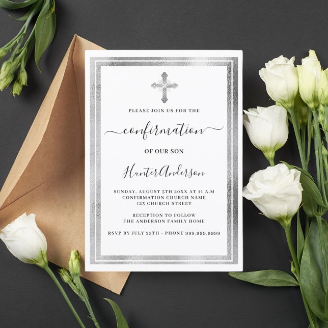 Confirmation white silver cross luxury invitation (Creator Uploaded)