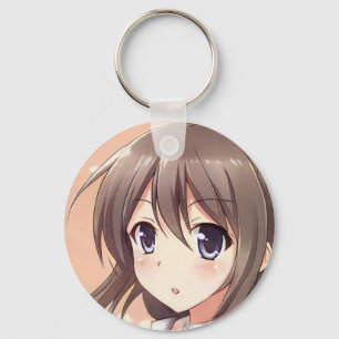 Confused anime girl brown hair blue eyes manga key ring
