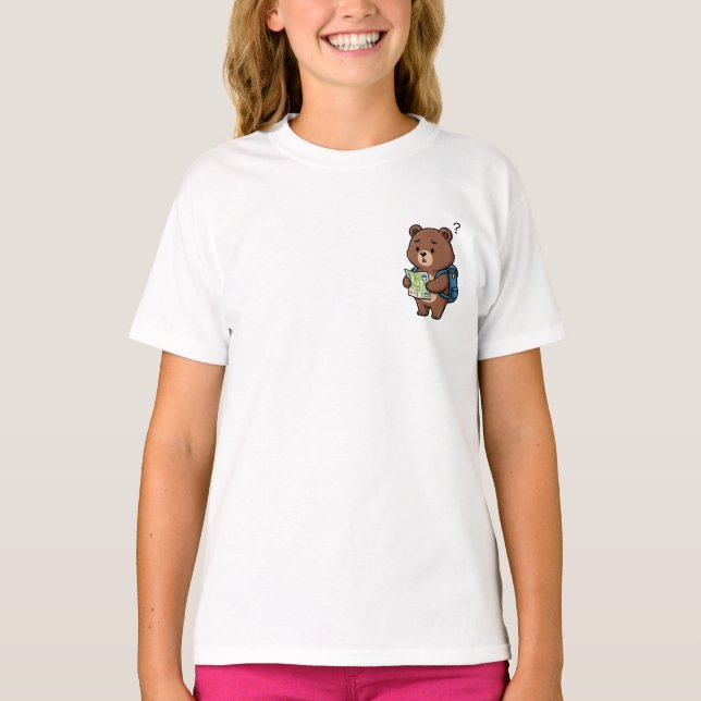Confused Cute Cartoon Bear Tourist Holding Map T-Shirt (Front)