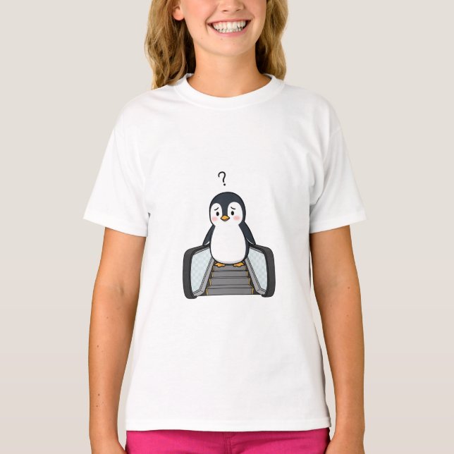 Confused Cute Penguin Standing on Escalator T-Shirt (Front)