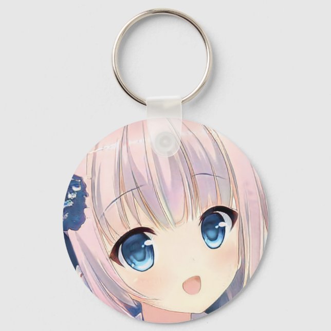 Confused smile anime girl pink hair sea blue eyes  key ring (Front)