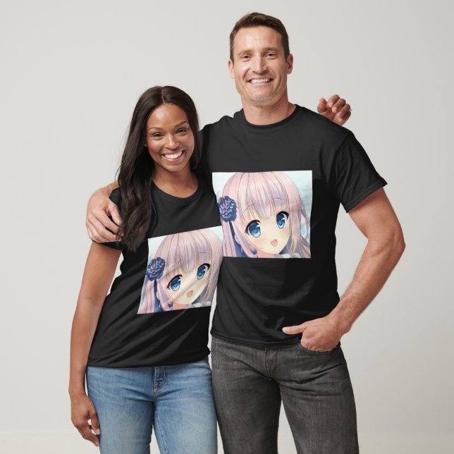 Confused smile anime girl pink hair sea blue eyes T-Shirt (Unisex)