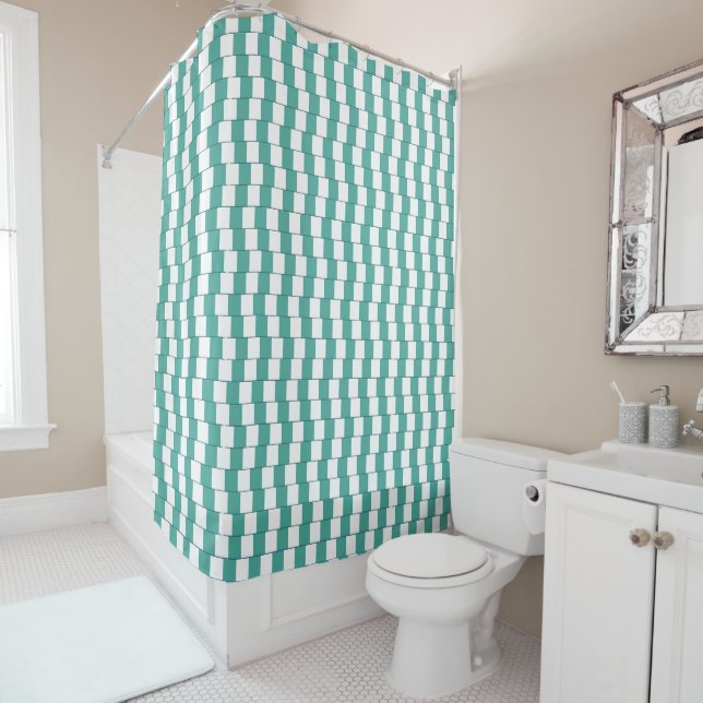 Confusing lines turquoise shower curtain (In Situ)
