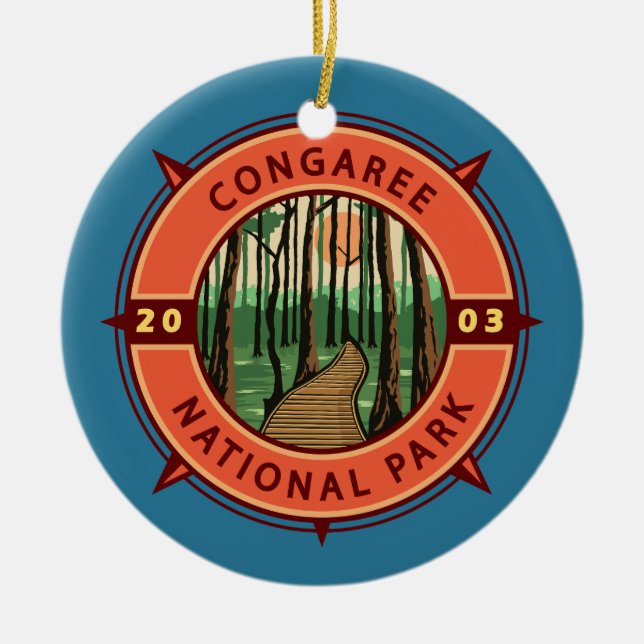 Congaree National Park Retro Compass Emblem Ceramic Tree Decoration (Front)