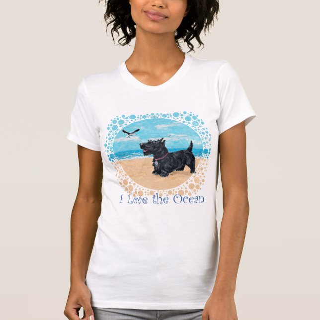 Congenial Scottish Terrier at the Beach T-Shirt (Front)