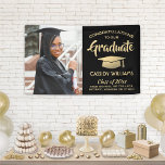 Congrats 1 Photo Black and Gold Modern Graduation Banner<br><div class="desc">Add a personalised touch to college or high school graduation party decorations with this custom photo black and gold banner. Design features a gold faux metallic foil mortar board, stylish modern typography, handwritten style script calligraphy, and a picture of the graduate, such as a senior picture or image from the...</div>