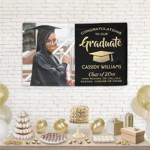 Congrats 1 Photo Black and Gold Modern Graduation Banner