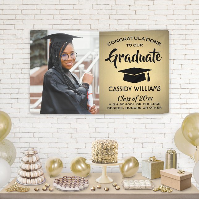 Congrats 1 Photo Black & Gold Faux Foil Graduation Banner (Creator Uploaded)