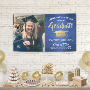 Congrats 1 Photo Blue Gold White Modern Graduation Banner