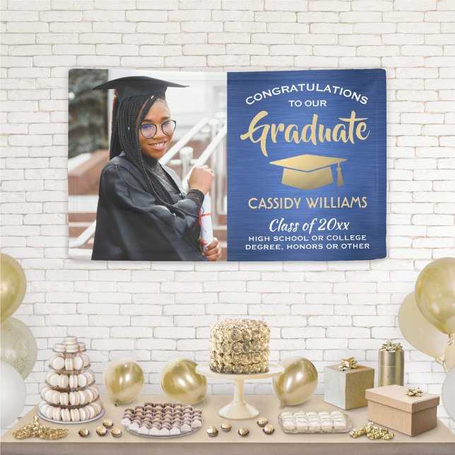 Congrats 1 Photo Blue Gold White Modern Graduation Banner (Creator Uploaded)