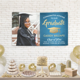 Congrats 1 Photo Brushed Teal Blue Gold Graduation Banner