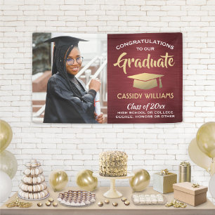 Congrats 1 Photo Burgundy Red and Gold Graduation Banner