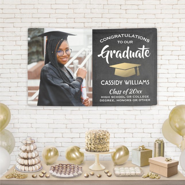 Congrats 1 Photo Chalkboard Black Gold Graduation Banner (Creator Uploaded)