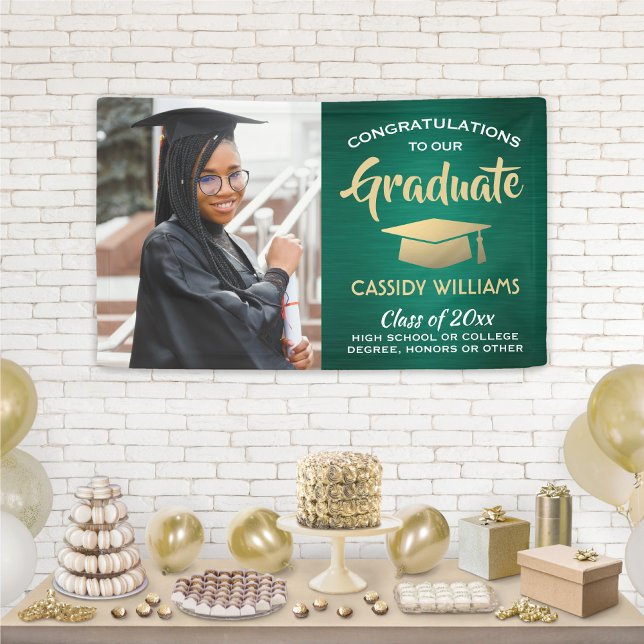 Congrats 1 Photo Green Gold and White Graduation Banner (Creator Uploaded)