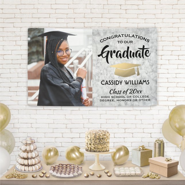 Congrats 1 Photo Marble Black and Gold Graduation Banner (Creator Uploaded)