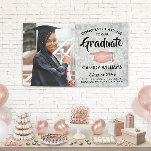Congrats 1 Photo Marble Pink Rose Gold Graduation Banner