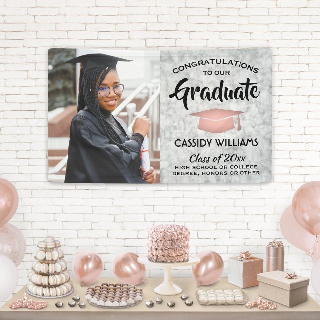Congrats 1 Photo Marble Pink Rose Gold Graduation Banner (Creator Uploaded)