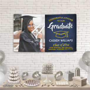 Congrats 1 Photo Navy Blue Gold Yellow Graduation Banner