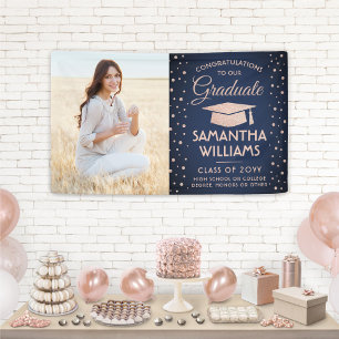 Congrats 1 Photo Navy Blue Pink Glitter Graduation Banner