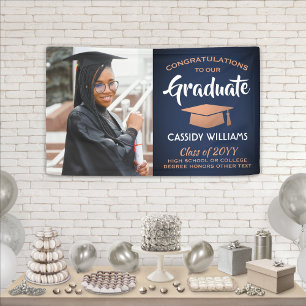 Congrats 1 Photo Navy Blue White Copper Graduation Banner