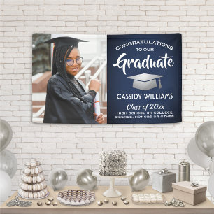 Congrats 1 Photo Navy Blue White Silver Graduation Banner