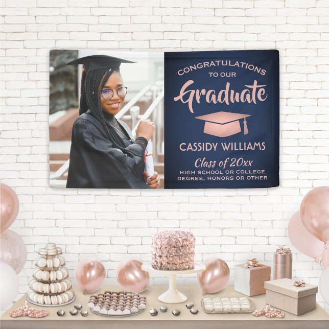 Congrats 1 Photo Navy & Pink Rose Gold Graduation Banner (Creator Uploaded)