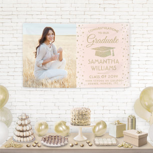 Congrats 1 Photo Pink and Gold Glitter Graduation Banner