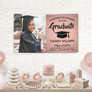 Congrats 1 Photo Pink Rose Gold & Black Graduation Banner