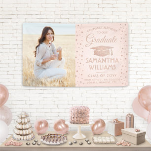 Congrats 1 Photo Pink Rose Gold Glitter Graduation Banner