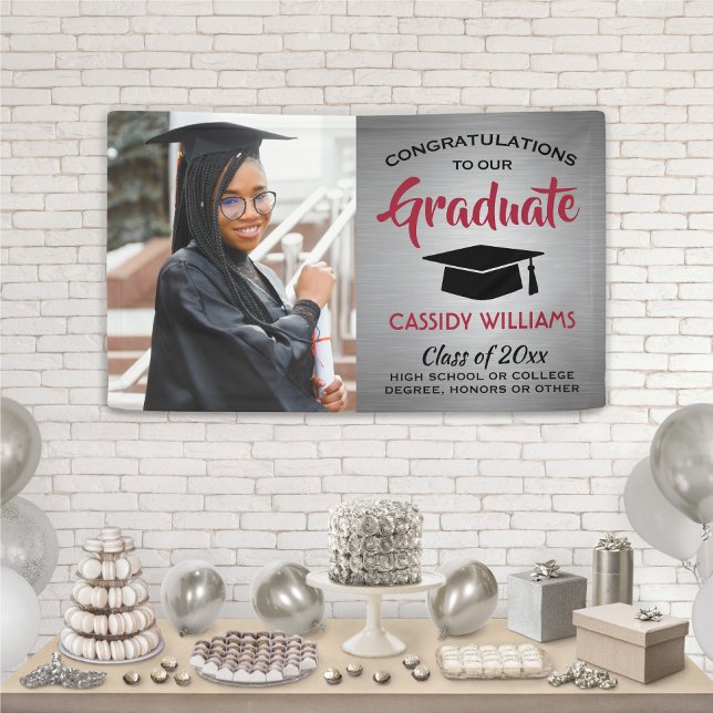 Congrats 1 Photo Red Grey Black Modern Graduation Banner (Creator Uploaded)