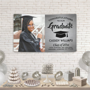 Congrats 1 Photo Silver & Black Modern Graduation Banner