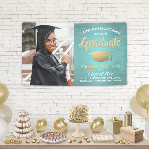 Congrats 1 Photo Teal Blue Gold Modern Graduation Banner