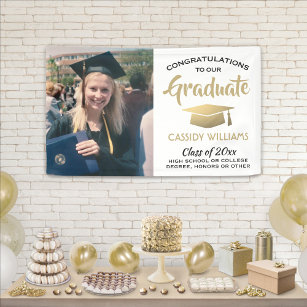 Congrats 1 Photo White Gold and Black Graduation Banner