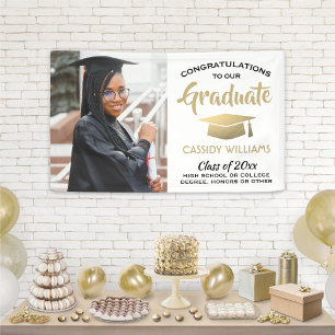 Congrats 1 Photo White Gold and Black Graduation Banner