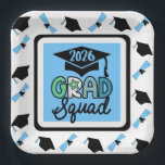Congrats 2026 Grad Squad Paper Plate<br><div class="desc">A Blue And Black 2026  Paper Plate Designed In Caps And Diplomas And Center Grad Squad For Pre K Or Kindergarten Grads</div>
