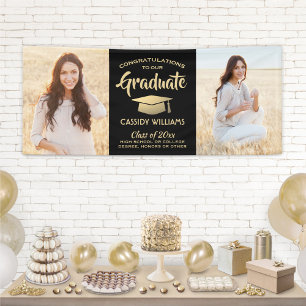 Congrats 2 Photo Black and Gold Modern Graduation Banner