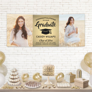 Congrats 2 Photo Black & Gold Faux Foil Graduation Banner