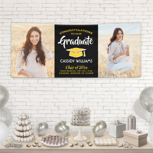 Congrats 2 Photo Black Gold Yellow Graduation Banner