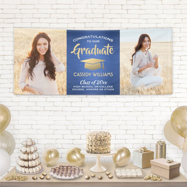Congrats 2 Photo Blue Gold White Modern Graduation Banner (Creator Uploaded)