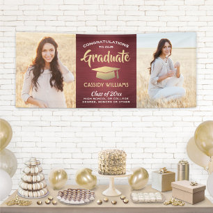 Congrats 2 Photo Burgundy Red and Gold Graduation Banner