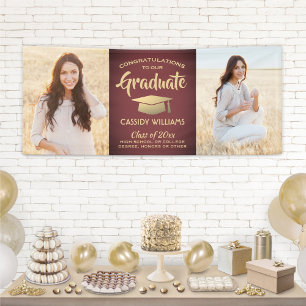 Congrats 2 Photo Burgundy Red and Gold Graduation Banner