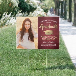 Congrats 2 Photo Burgundy Red Gold Graduation Yard Garden Sign