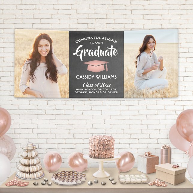 Congrats 2 Photo Chalkboard Pink Black Graduation Banner (Creator Uploaded)