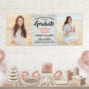 Congrats 2 Photo Marble Pink Rose Gold Graduation Banner