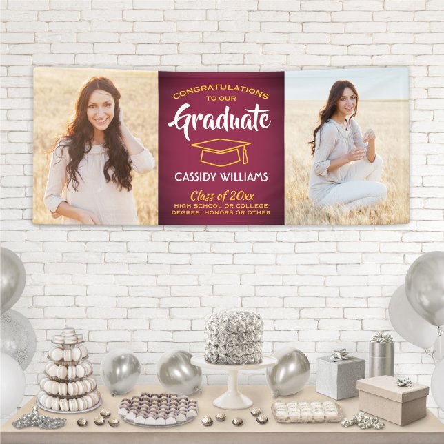 Congrats 2 Photo Maroon Red Gold Yellow Graduation Banner (Creator Uploaded)