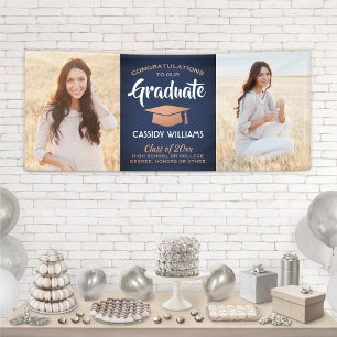 Congrats 2 Photo Navy Blue White Copper Graduation Banner