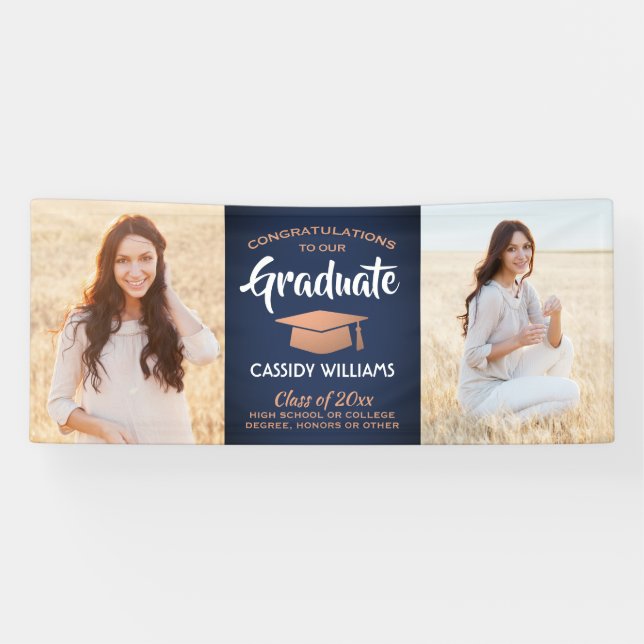 Congrats 2 Photo Navy Blue White Copper Graduation Banner (Horizontal)