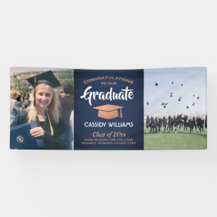 Congrats 2 Photo Navy Blue White Copper Graduation Banner