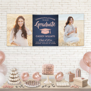 Congrats 2 Photo Navy & Pink Rose Gold Graduation Banner