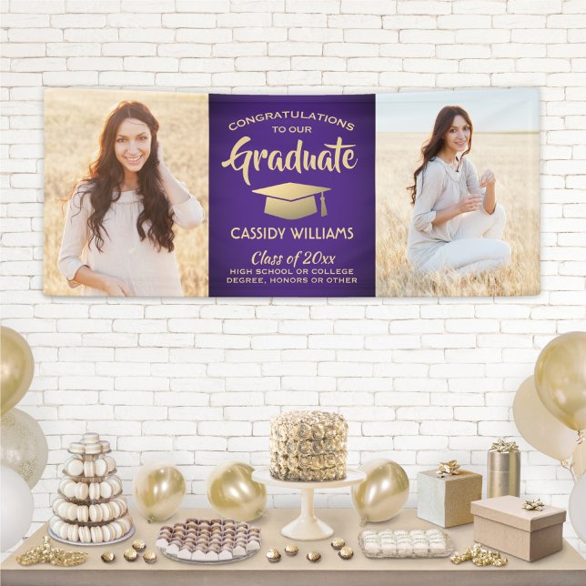 Congrats 2 Photo Purple & Gold Modern Graduation Banner (Creator Uploaded)